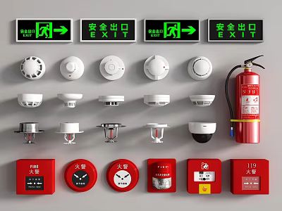 Essential Fire Safety Equipment Including Emergency Exit Signs Alarms And Extinguishers 3d model