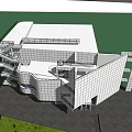 Modern White Office Building With Glass Facade External Stairs And Green Grassland