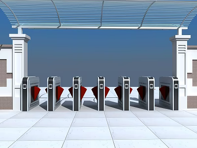 Public Facility Entrance with Canopy Roof and Multiple Turnstiles on Tile Floor 3d model