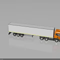 Orange Cab Truck With Long White Trailer And Multiple Wheels On Dark Reflective Surface