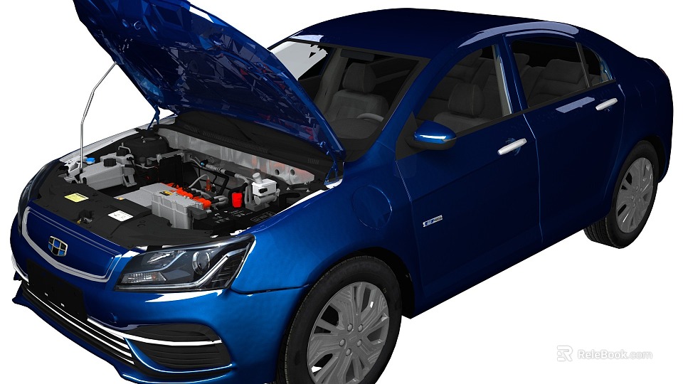 Detailed Blue Car With Open Hood Showcasing Engine And Mechanical Parts 3d model 