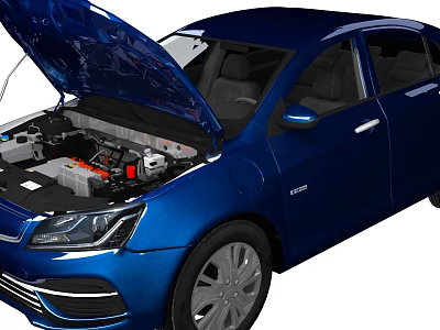 Detailed Blue Car With Open Hood Showcasing Engine And Mechanical Parts 3d model
