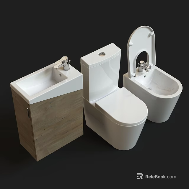 Modern Toilet with Wooden Cabinet Sink and Bidet in Bathroom Setup 3d model 