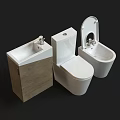 Modern Toilet with Wooden Cabinet Sink and Bidet in Bathroom Setup
