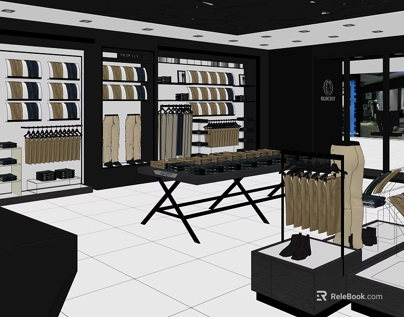 Clothing Store Interior With Organized Display Racks Clothes Shoes And Tiled Floor 3d model 