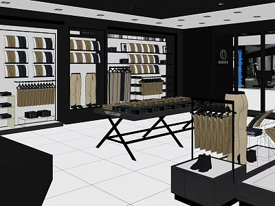 Clothing Store Interior With Organized Display Racks Clothes Shoes And Tiled Floor 3d model