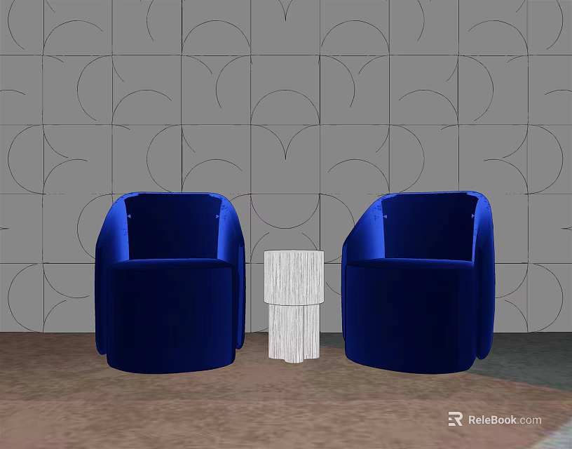 Casual Sofa Set Blue Upholstered With White Side Table And Gray Circular Wall 3d model