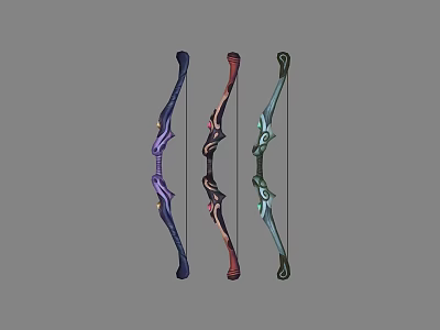 Three Decorative Fantasy Weapon Bows In Various Colors With Intricate Designs 3d model