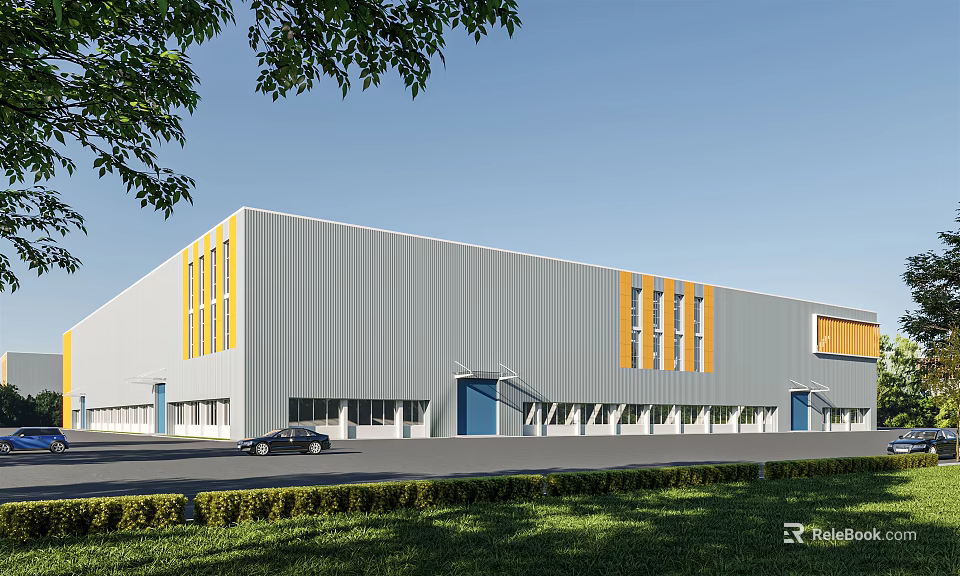 Industrial Factory Building With Gray Metal Exterior Yellow Windows Blue Doors And Green Lawn 3d model 