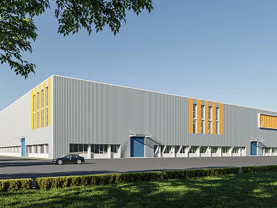 Industrial Factory Building With Gray Metal Exterior Yellow Windows Blue Doors And Green Lawn 3d model