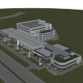 Modern Commercial Building Exterior Featuring Glass Facade Spacious Plaza And Directional Sign