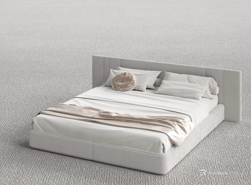 Modern Double Bed With Gray Headboard White Frame Soft Pillows And Light Blanket 3d model