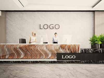 Modern Front Desk Reception Area With Wavy Wood Countertop Light Textured Wall And Potted Greenery 3d model