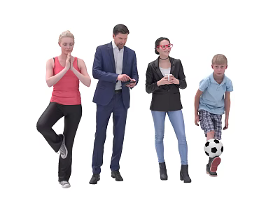 Group of Four People With Different Outfits Standing Near Soccer Ball 3d model