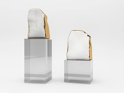 Modern Decorative Ornament Set With Transparent Cube Bases White Textured Pieces And Golden Edges 3d model