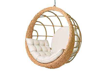 Rattan Hanging Lazy Sofa with Round Frame and White Padded Cushion 3d model