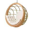 Rattan Hanging Lazy Sofa with Round Frame and White Padded Cushion