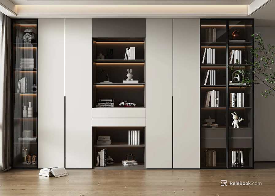 Modern Study Room Interior Design With Layered Bookcase Books Decorations And Wooden Floor 3d model 