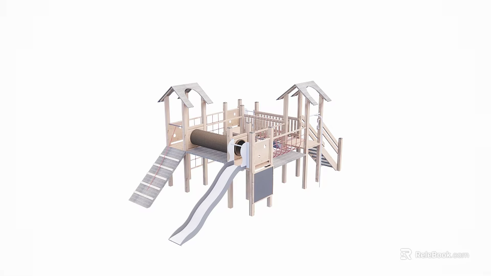 Wooden Outdoor Playground Equipment with Slide Ladder Climbing Elements and Roofed Towers for Kids 3d model 