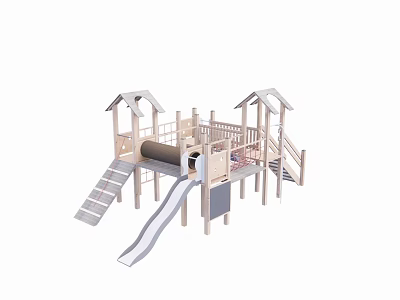Wooden Outdoor Playground Equipment with Slide Ladder Climbing Elements and Roofed Towers for Kids 3d model