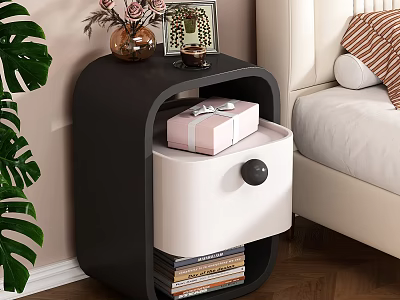 Cozy Bedroom Interior With Black White Nightstand Gift Box Flowers Picture Frame And Wooden Floor 3d model