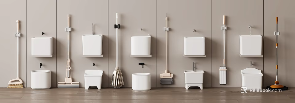 White Bathroom Accessories With Wall Mounted Containers Mop Broom And Small Buckets On Grey Wall 3d model 