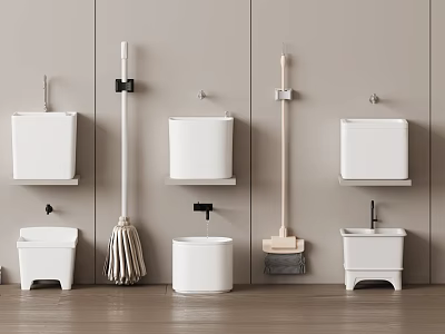 White Bathroom Accessories With Wall Mounted Containers Mop Broom And Small Buckets On Grey Wall 3d model