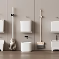 White Bathroom Accessories With Wall Mounted Containers Mop Broom And Small Buckets On Grey Wall