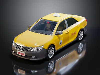Yellow Taxi Model With Roof Sign And Black Accents On Shiny Surface 3d model