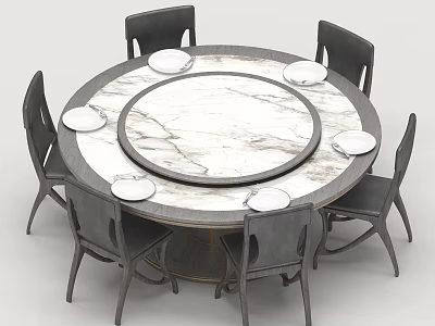 Modern Round Dining Table Set With Marble Top And Six Black Chairs 3d model