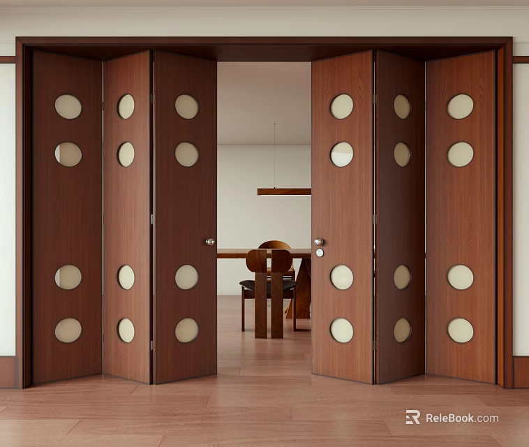 Wooden Folding Doors With Round Panels Open Up Dining Area 3d model 