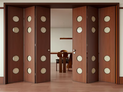 Wooden Folding Doors With Round Panels Open Up Dining Area 3d model