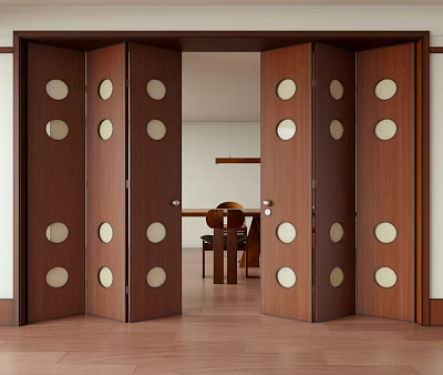 Wooden Folding Doors With Round Panels Open Up Dining Area 3d model