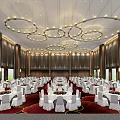 Elegant Banquet Hall With Hanging Chandeliers Large Screen And White Tablecloth Tables On Red Carpet