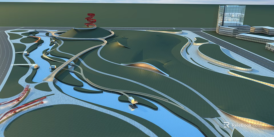 Modern Park Landscape Design With Winding Pathways Water Features And Green Lawns 3d model 