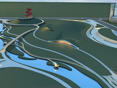 Modern Park Landscape Design With Winding Pathways Water Features And Green Lawns 3d model