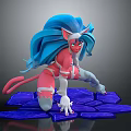 Game Movie Character With Blue Hair Pink Body Cat Ears Tail Crouching On Cracked Ground