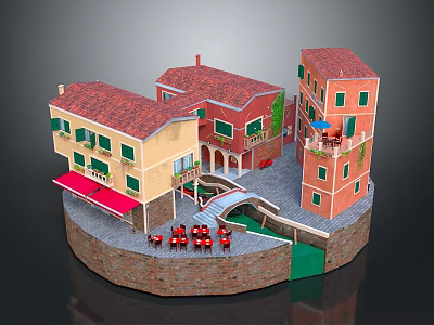 Charming Cartoon Scene With Colorful Buildings Red Roofs Balconies Small Bridge And Stone Pavement 3d model