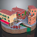 Charming Cartoon Scene With Colorful Buildings Red Roofs Balconies Small Bridge And Stone Pavement