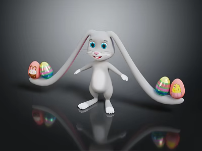 Cartoon Rabbit Game Character With Long Ears Big Blue Eyes And Colorful Easter Eggs 3d model