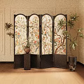 Traditional Decorative Screen With Intricate Floral Bird Patterns And Potted Plants
