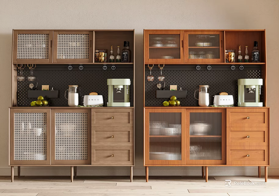 Modern Wooden Sideboard With Glass Doors Drawers Wine Bottles Coffee Maker And Fruits 3d model 