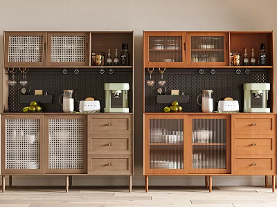 Modern Wooden Sideboard With Glass Doors Drawers Wine Bottles Coffee Maker And Fruits 3d model