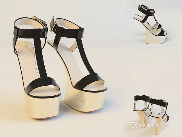 Stylish Black Beige Platform Sandals With Ankle Strap Design For Women 3d model 