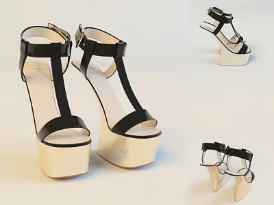 Stylish Black Beige Platform Sandals With Ankle Strap Design For Women 3d model
