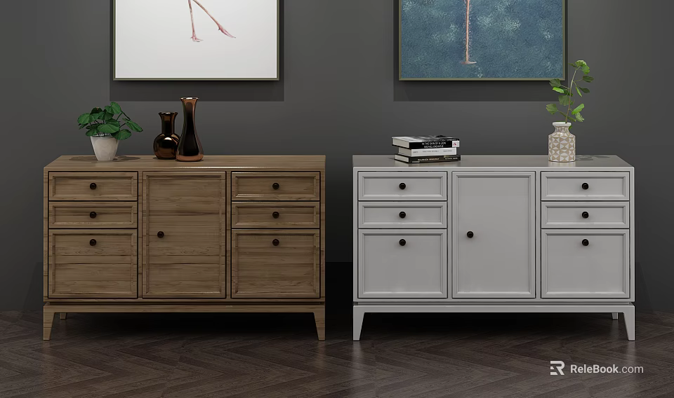 Elegant Modern Entryway Cabinet and Side Cabinet with Wooden White Drawers Doors Vases and Plants 3d model 