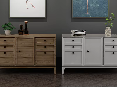 Elegant Modern Entryway Cabinet and Side Cabinet with Wooden White Drawers Doors Vases and Plants 3d model
