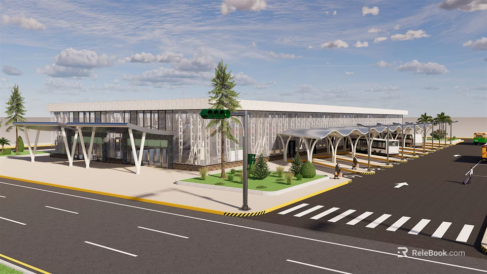 Modern Public Facility With Glass Facade Canopy Entrance Landscaped Area And Traffic Lights 3d model 