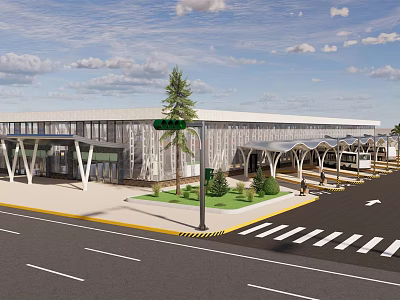Modern Public Facility With Glass Facade Canopy Entrance Landscaped Area And Traffic Lights 3d model