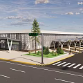 Modern Public Facility With Glass Facade Canopy Entrance Landscaped Area And Traffic Lights